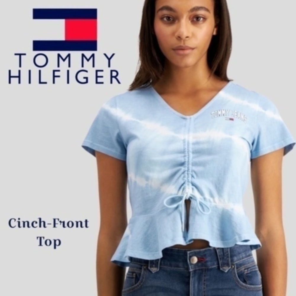 TOMMY JEANS Lt. Blue Tie-Dye Cinch-Front Peplum Hem Cotton Top NWT/XL
